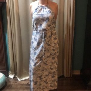 Iight blue, denim blue, and pink halter dress